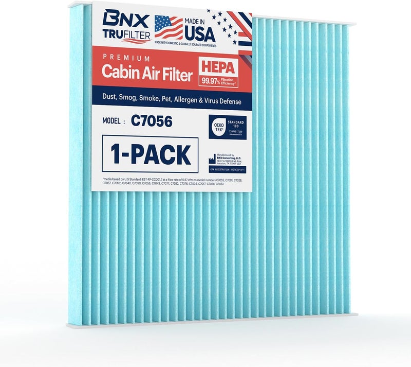 BNX TruFilter C7056 Cabin Air Filter, HEPA 99.97%, MADE IN USA, Compatible With Select Toyota Camry, 4Runner, Prius, Avalon, FJ Cruiser, Celica, Sienna, Solara; Lexus ES330, GX470, RX330, RX350,RX400h - Image 1